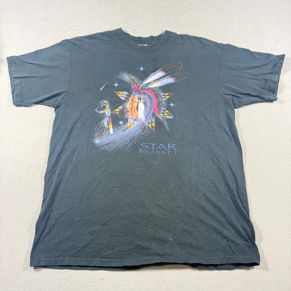 Vintage Anvil Star Blanket Jay Yellowhawk Graphic T-Shirt Black XL Native USA